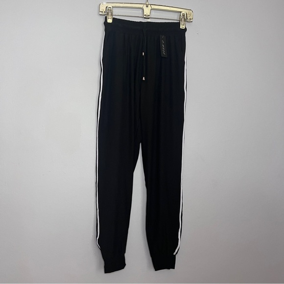 C-Mode Black Sweatpants White Stripes Elastic Waistband Drawstring Size S/M NWOT - Picture 1 of 8